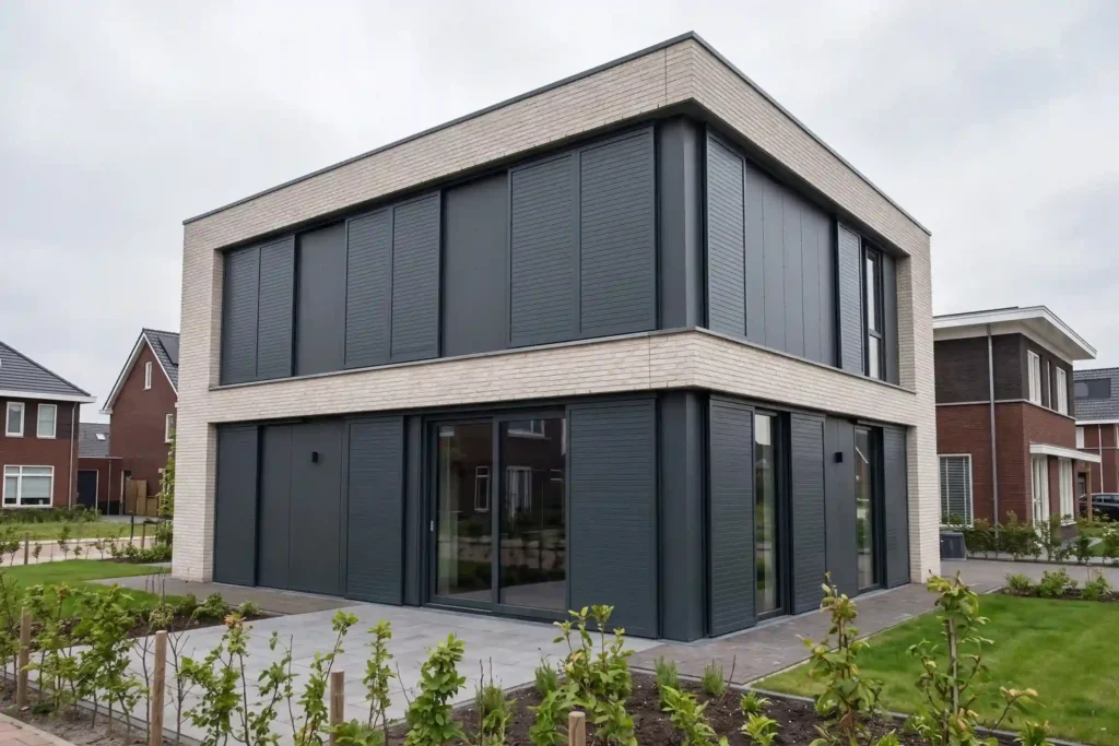 Aluminium paneelluiken op een moderne nieuwbouwwoning in Twente
