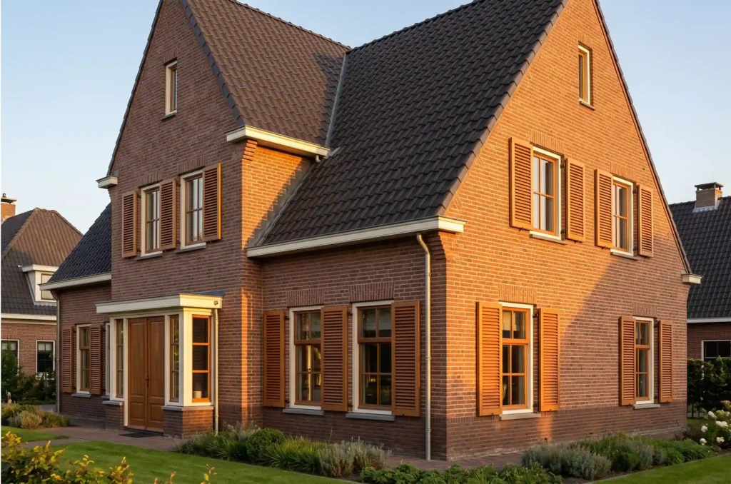 Luiken materiaal; Houten louvreluiken van FSC Meranti op een jaren '30 woning in Overijssel