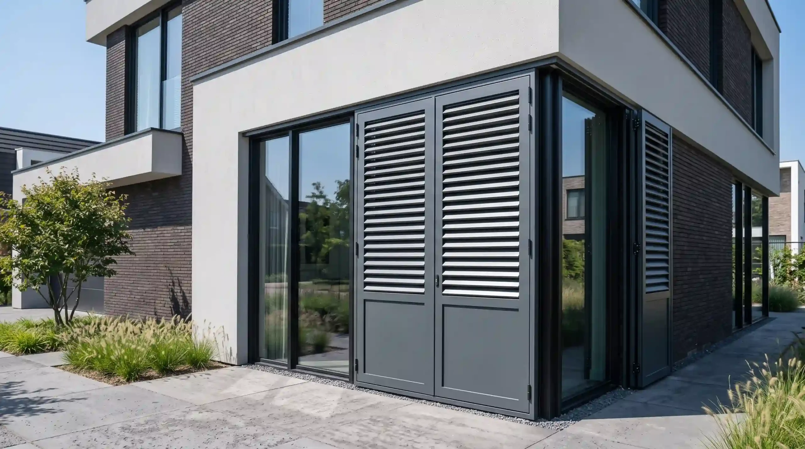 Decoratieve aluminium luiken aan moderne gevel