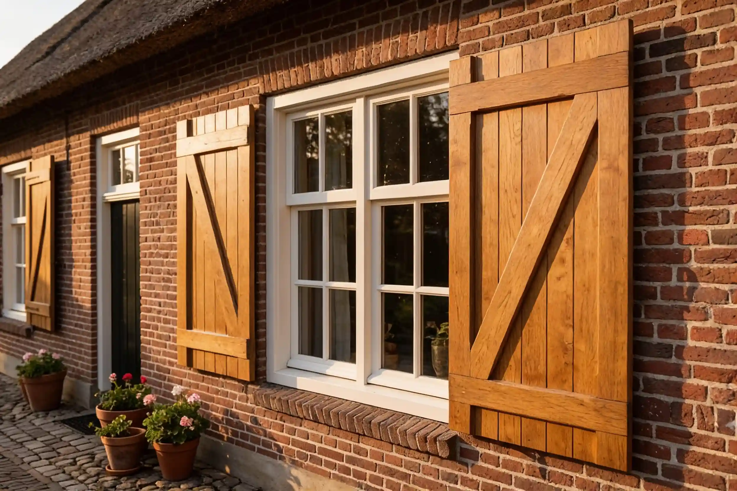 Decoratieve opgeklampte houten luiken aan boerderij
