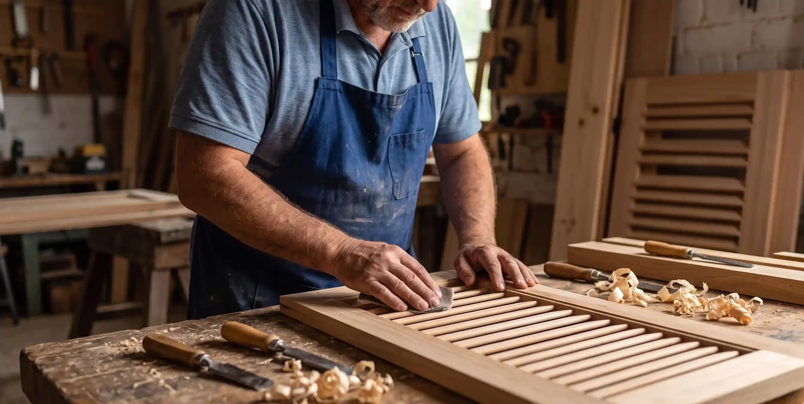 Vakmanschap houten luiken in showroom Haaksbergen