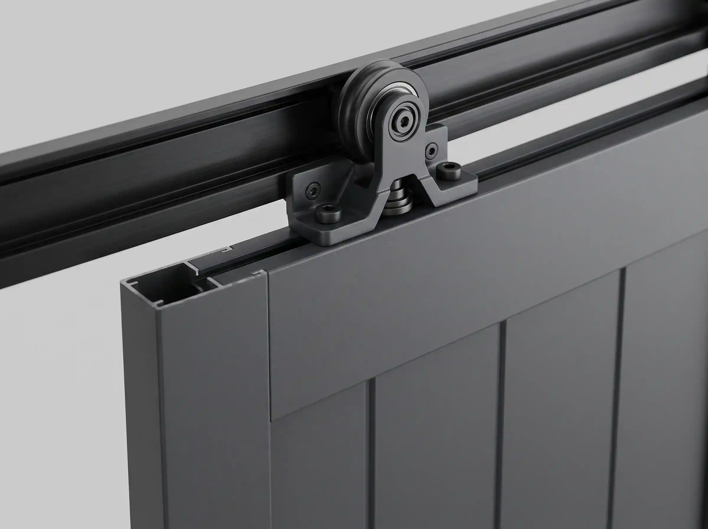 Detail van aluminium schuifluik met railsysteem